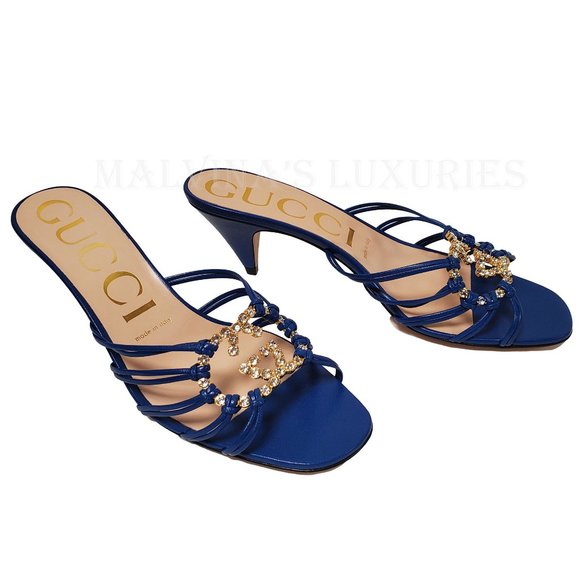 GUCCI SHOES BLUE LEATHER STRAPPY SANDALS CRYSTAL INTERLOCKING LOGO 38 8 US - Picture 4 of 15